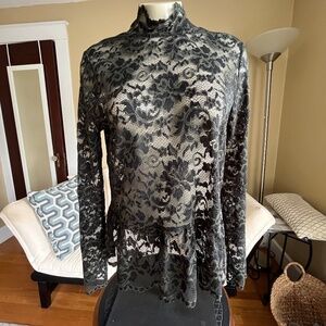 GANNI Flynn Lace Peplum Floral Design Blouse Green/Black